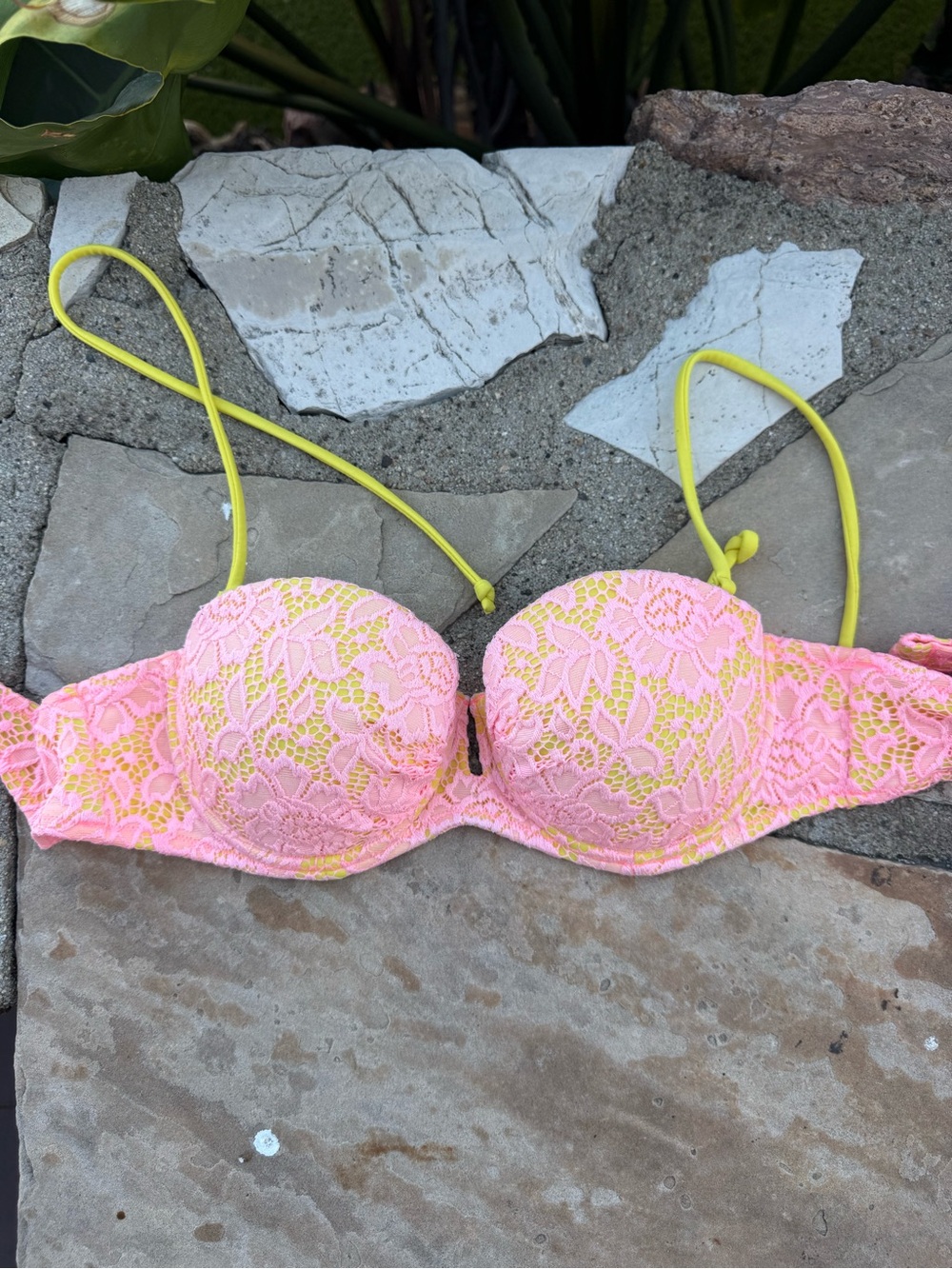 Victoria's Secret Pink Lace Push-Up Bikini Top with Yellow Straps 34a